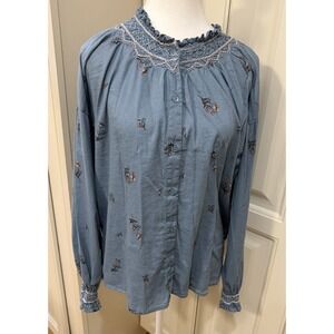 Ana Floral Boho Peasant Blouse Blue Long‎ Sleeve Smocked Neck Cottagecore Size L